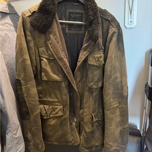 AllSaints Olive Camo Military Field Jacket with Dark Shearling Collar